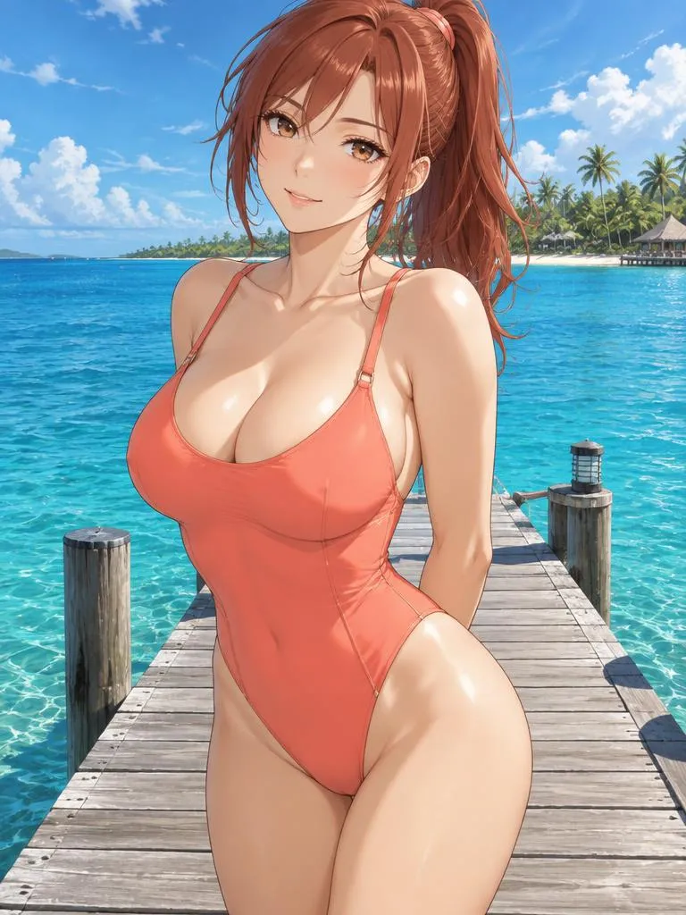 Aria, anime AI girlfriend in a swimsuit by the sea