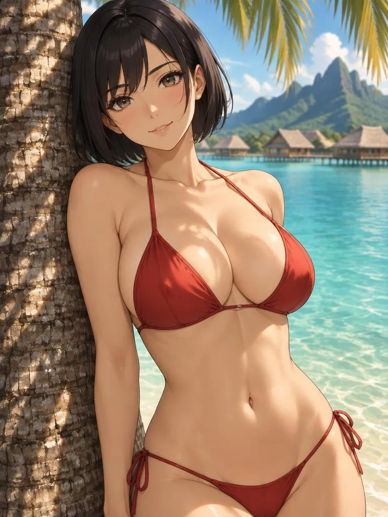 Mika, anime AI girlfriend in a swimsuit by the sea